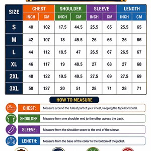 May include: A size chart for clothing featuring a table with columns for chest, shoulder, sleeve, and length in inches and centimeters for sizes S to 3XL. It includes instructions on how to measure and icons for leather, quality, and zippers.