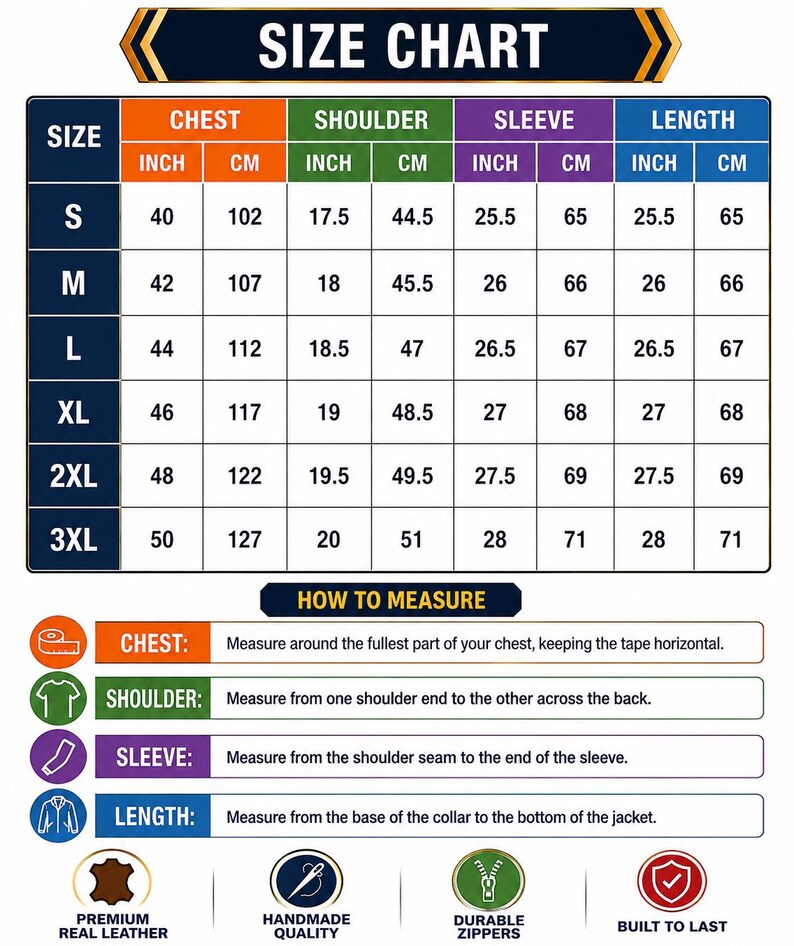 May include: A size chart for clothing featuring a table with columns for chest, shoulder, sleeve, and length in inches and centimeters for sizes S to 3XL. It includes instructions on how to measure and icons for leather, quality, and zippers.