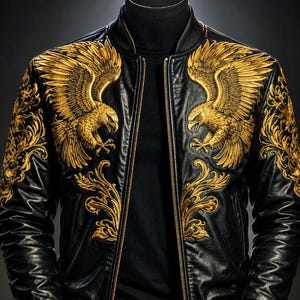 May include: A black leather bomber jacket featuring intricate gold embroidery of eagles on the chest and shoulders. The jacket has a ribbed collar, cuffs, and hem, with a central gold zipper closure worn over a black mock neck shirt.