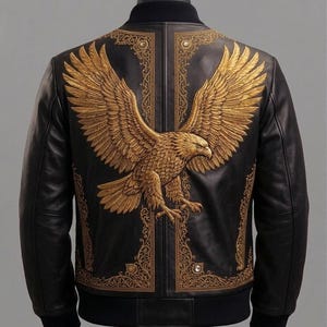 May include: A black leather bomber jacket featuring a large, detailed gold embroidered eagle on the back. The design includes intricate gold filigree patterns framing the eagle, with small circular accents integrated into the decorative borders.