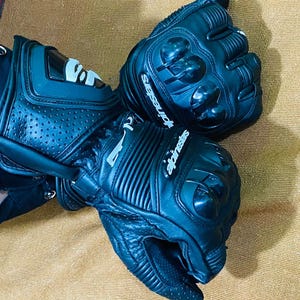 Könnte beinhalten: Ein Paar schwarze Alpinestars Motorradhandschuhe. Die Handschuhe sind aus Leder und haben einen Schutz an Knöcheln und Fingern. Das Alpinestars-Logo ist weiß sichtbar. Für Motorradfahren konzipiert.