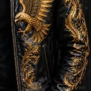 May include: A black leather bomber jacket featuring intricate gold embroidery. The design includes a large eagle on the chest and detailed scrolling floral patterns extending across the shoulder and down the sleeve, finished with a gold zipper.