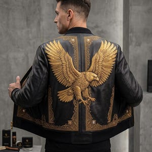 May include: A black leather bomber jacket featuring a large, detailed gold embroidered eagle on the back. The jacket includes intricate gold filigree patterns along the side panels and hem, with a black ribbed collar and cuffs, worn open.