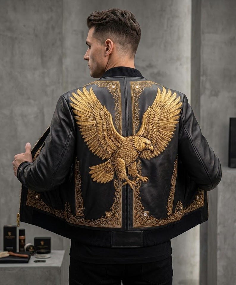 May include: A black leather bomber jacket featuring a large, detailed gold embroidered eagle on the back. The jacket includes intricate gold filigree patterns along the side panels and hem, with a black ribbed collar and cuffs, worn open.