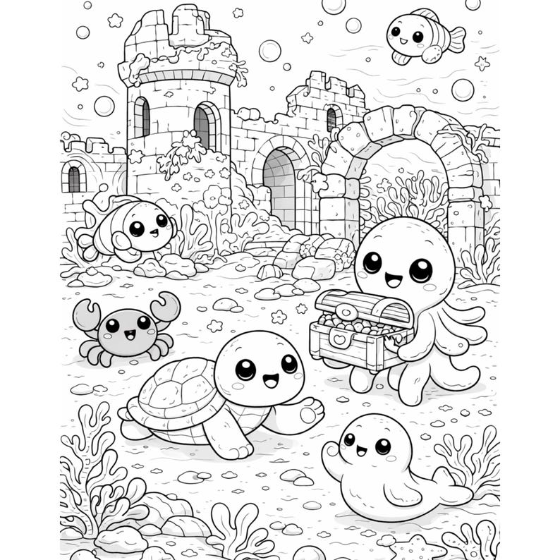 Kawaii Ocean Animals Coloring Pages for Kids | Underwater Scenes ...