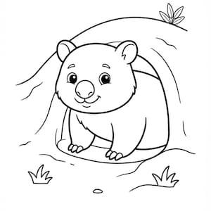 May include: A black and white line art illustration of a cartoon wombat peeking out from the entrance of its burrow. The wombat has a round face, small ears, and a smiling expression. There are small tufts of grass visible at the base of the burrow.