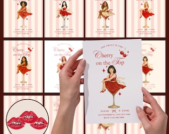 Cherry on Top Party Invitation | Retro Cocktail Glass Illustration | Editable Digital Download | Bachelorette, Birthday, Bridal Shower