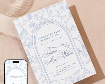 Something Blue Bridal Shower Invitation — Elegant Blue Floral Wedding Shower Invite, Editable Name/Date, Instant Download