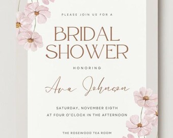 Blush Pink Floral Bridal Shower Invitation | Elegant Watercolor Daisy Invite | Rustic Modern Printable | Wedding Shower Template