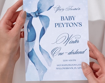 Winter ONE-derland Invitation Boy | Blue Ribbon Baby Birthday Invite | Snowflake Party Invitation | Digital Download | Winter First Birthday