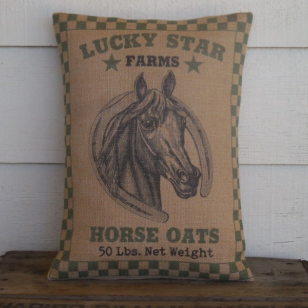Feed sack Horse Pillow, Grain Sack Style Pillow, Farmhouse Pillows, Equestrian Decor