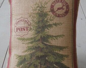 Christmas Tree Burlap Pillow, Farmhouse Christmas