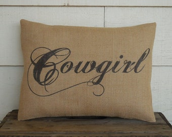 Cowgirl Burlap Pillow, Western, Cowboy Decor, Farmhouse Pillows, Horse26,  INSERT INCLUDED