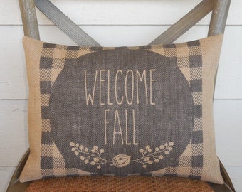Welcome Fall Burlap Pillow, Buffalo check Fall, Autumn Decor, Farmhouse Pillows, Autumn Pillow