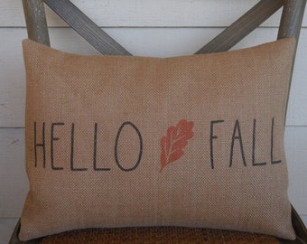 Hello Fall Burlap Pillow, Farmhouse Fall,  Autumn Decor, Farmhouse Pillows
