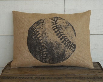 Baseball Burlap Pillow, Farmhouse Pillows, Fixer Upper Style, Baseball Decor, Sports Lover Gift