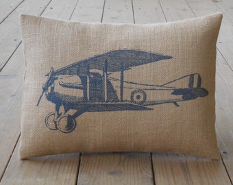 Navy Airplane  Burlap Pillow, Aviation Accent, Airplane Nursery, Farmhouse Pillows, V4, INSERT INCLUDED