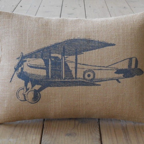 Navy Airplane Burlap Pillow Aviation Accent Airplane Etsy