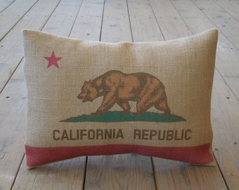 California Bear Flag Burlap Pillow, California Republic, Farmhouse Pillows, US8, INSERT INCLUDED