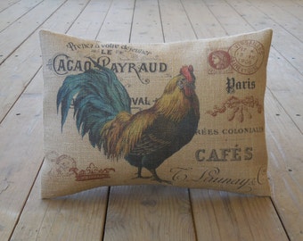 Rooster Postcard Burlap  Pillow, Farmhouse Pillows, Farm 11, French Country, INSERT INCLUDED