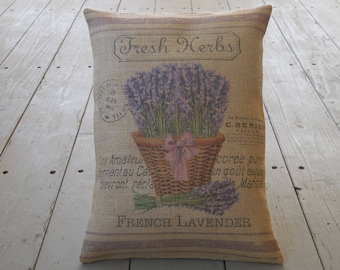 French Lavender  Burlap Pillow, Farmhouse Pillows, Shabby Chic Decor, French Country Pillows