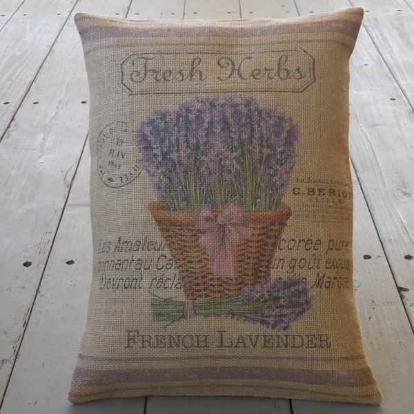 French Lavender  Burlap Pillow, Farmhouse Pillows, Shabby Chic Decor, French Country Pillows