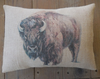 Bison Burlap Pillow, Buffalo, Southwest decor, Shabby Chic, Lodge, Cabin, Rustic, Farmhouse Pillows, Wild2, INSERT INCLUDED