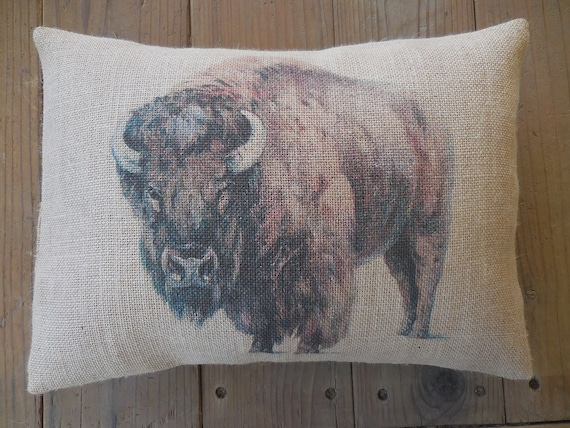Bison Burlap Pillow, Buffalo, Southwest decor, Shabby Chic, Lodge, Cabin, Rustic, Farmhouse Pillows, Wild2, INSERT INCLUDED