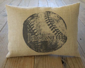 Personalized Baseball Burlap Pillow, Custom name baseball, Sports Baseball, P5, INSERT INCLUDED