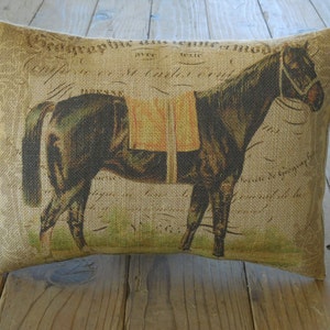 French Horse Burlap Pillow, Farmhouse Pillows, Shabby Chic, Horse20,  INSERT INCLUDED