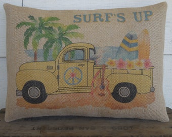 Surfs Up Burlap Pillow, Surfboard decor, Farmhouse Pillows, INSERT INCLUDED