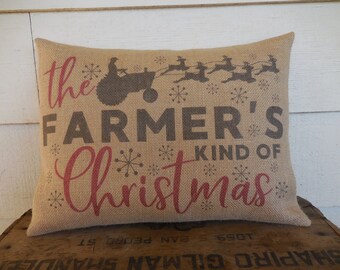 Farmers Christmas Burlap Pillow, Farmhouse Pillows, Farmhouse Christmas,  Red grain sack