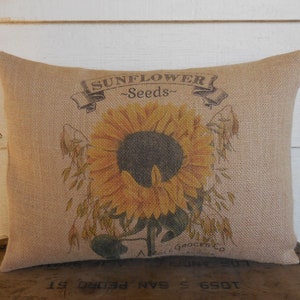 Sunflower Seeds Burlap Pillow, Sunflowers, Rustic Farmhouse, Farmhouse Pillows