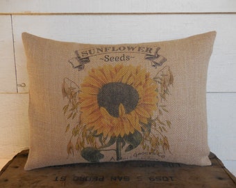 Sunflower Seeds Burlap Pillow, Sunflowers, Rustic Farmhouse, Farmhouse Pillows