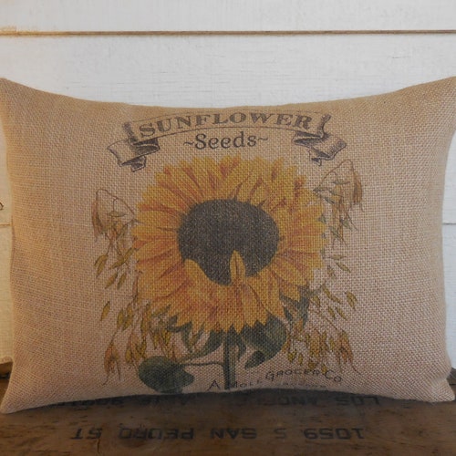 Sunflower Seeds Burlap Pillow Sunflowers Rustic Farmhouse Etsy