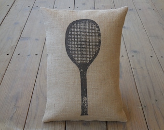 Tennis Racket Burlap Pillow, Vintage Tennis Decor, Farmhouse Pillows, Sports4,  INSERT INCLUDED