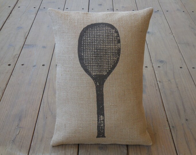 Tennis Racket Burlap Pillow, Vintage Tennis Decor, Farmhouse Pillows, Sports4,  INSERT INCLUDED