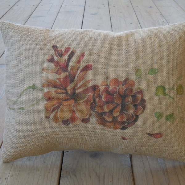 Colored Pinecone Burlap Pillow, Cottage Chic, Rustic Lodge, Farmhouse Pillows, B15,  INSERT INCLUDED