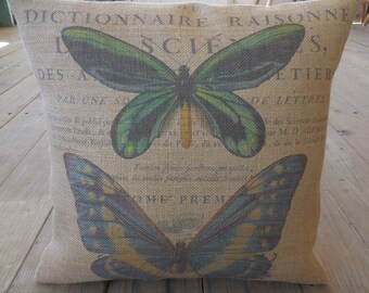 French Butterfly Burlap Pillow, French Country, Rustic Farmhouse, Farmhouse Pillows, B40,  INSERT INCLUDED