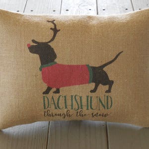 Dachshund Burlap Pillow, Dog Christmas, Doxie gift, Christmas Pillow, Dog Lover Gift, Christmas 41, INSERT INCLUDED image 1