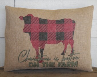 Christmas Pillows, Christmas Cow Burlap Pillow, Farmhouse Christmas, Gifts under 25, Gift for Secret Santa