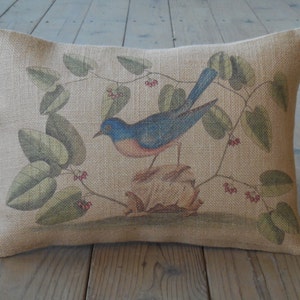 May include: A burlap pillow with a blue bird perched on a branch with green leaves and red berries. The bird has a light blue body, a dark blue tail, and a light orange breast.