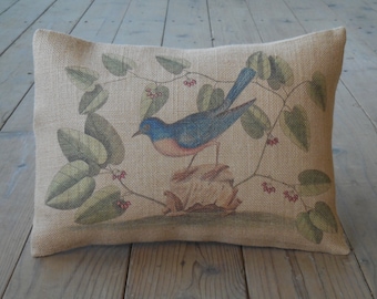 Blue Bird Botanical Burlap Pillow, Rustic French Farmhouse, Shabby Chic, Farmhouse Pillows, B22, INSERT INCLUDED