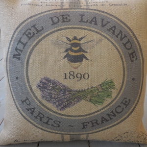 Lavender Bee Burlap Pillow, Shabby chic, Bee Decor, Farmhouse Pillows, B41,  INSERT INCLUDED