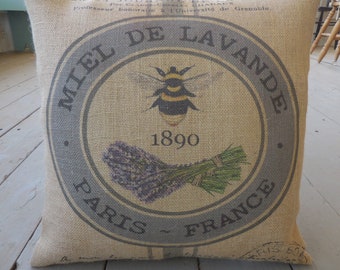Lavender Bee Burlap Pillow, Shabby chic, Bee Decor, Farmhouse Pillows, B41,  INSERT INCLUDED