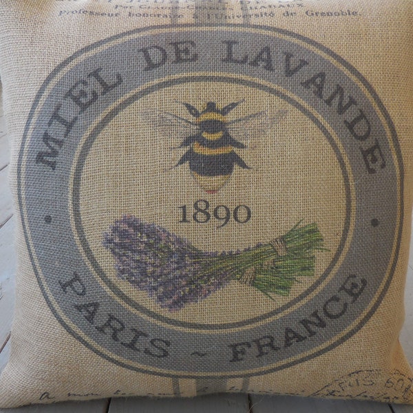 Lavender Bee Burlap Pillow, Shabby chic, Bee Decor, Farmhouse Pillows, B41,  INSERT INCLUDED