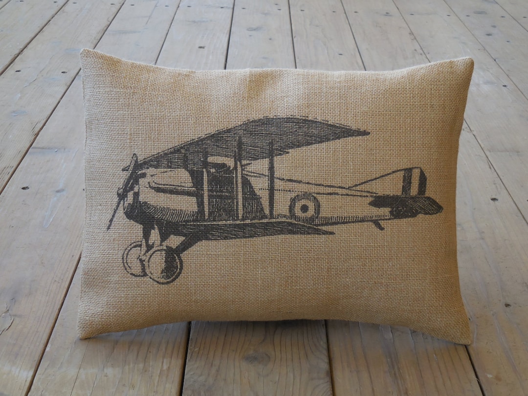 Vintage Airplane Burlap Pillow, Aviation Accent, Farmhouse Pillows, V22