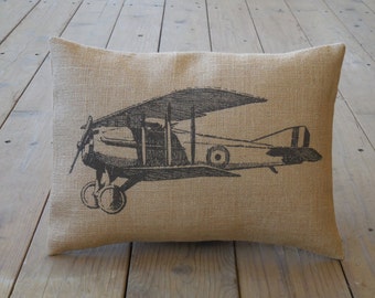 Vintage Airplane  Burlap Pillow, Aviation Accent, Farmhouse Pillows, V22, INSERT INCLUDED