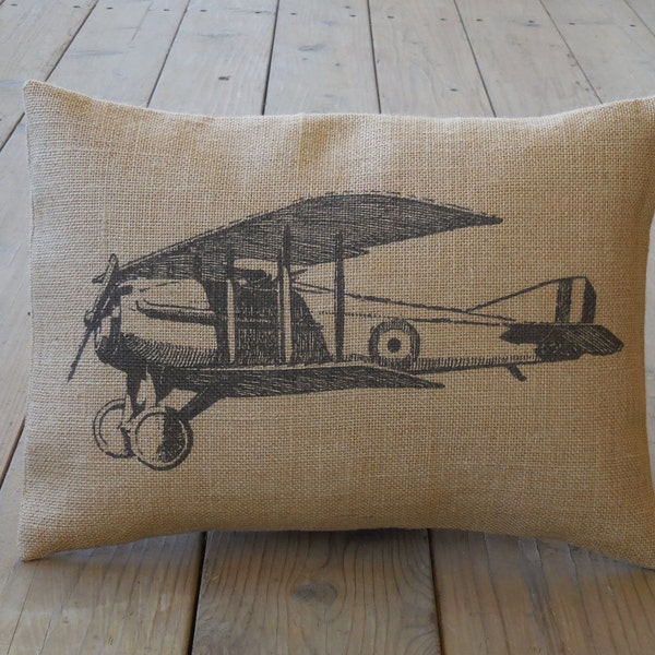 Vintage avión Burlap almohada, acento de aviación, almohadas de granja, V22, INSERT INCLUIDO
