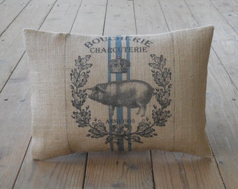 Feed Sack Style Pig Pillow, Shabby Chic, Pigs, Farmhouse Pillows, INSERT INCLUDED